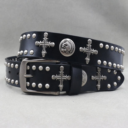Men’s Designer Rivet Belt – Genuine Cowhide Leather Punk Rock Pin Belt for Jeans, Luxury Black Leather Belt