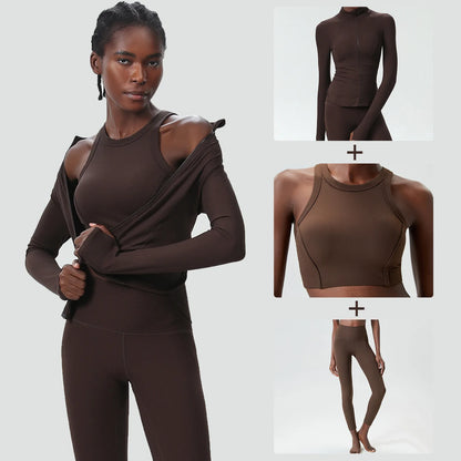 3PCS Women’s Fitness Yoga Set – Solid Color Ribbed Long Sleeve Top & High Waist Leggings, Breathable Workout Sportswear