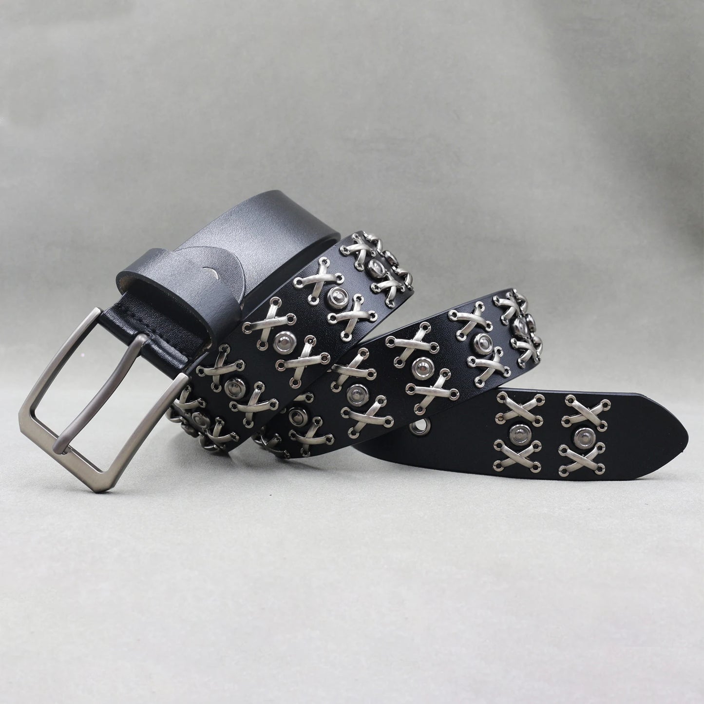 Men’s Designer Rivet Belt – Genuine Cowhide Leather Punk Rock Pin Belt for Jeans, Luxury Black Leather Belt