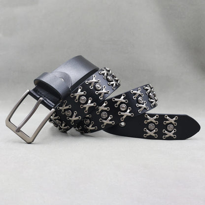 Men’s Designer Rivet Belt – Genuine Cowhide Leather Punk Rock Pin Belt for Jeans, Luxury Black Leather Belt