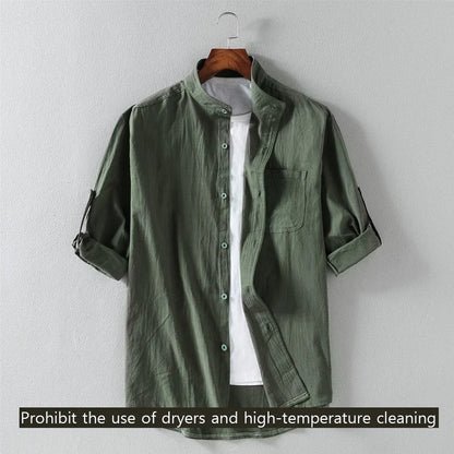 Men’s Stand Collar Short Sleeve Shirt - Spring Summer Casual Mid-Sleeve Plus Size Fashion Top