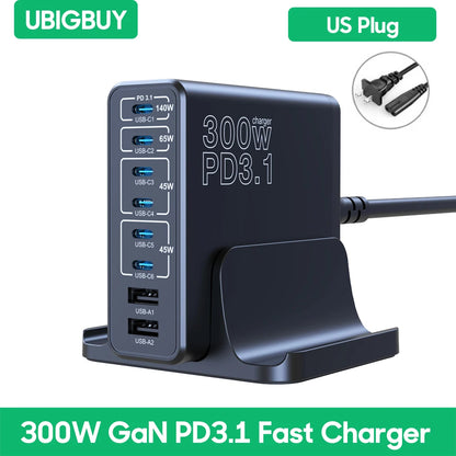 Ubigbuy 300W Multi-Port GaN Charger - USB-C 140W PD 3.1 & PPS 100W Charging Station for MacBook Pro M2, iPhone 15/14, Galaxy