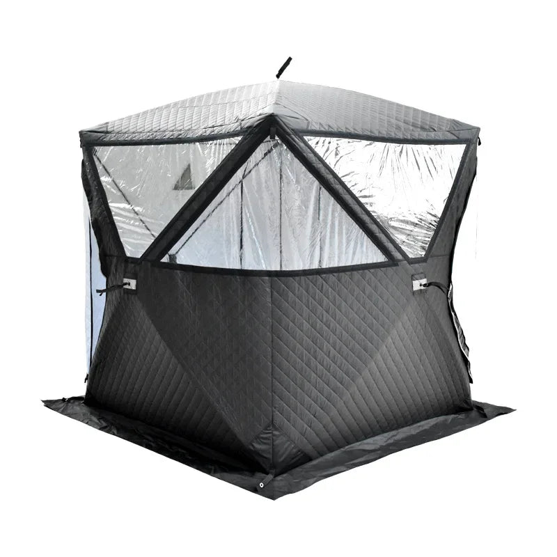Outdoor 3-4 Person 4-Season Sauna House – Thickened Winter Ice Fishing Tent with Large Window & Chimney Mouth, Quick Open & Portable