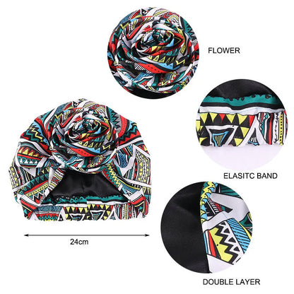 African Satin Lined Turban Cap - Floral Print Big Flower Headwrap Bonnet for Women Muslim Headscarf Beanie Hat
