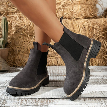 Women’s Winter 2025 Black Suede Ankle Boots – Platform Chelsea Casual Motorcycle Short Boots