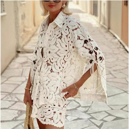 Women’s Hollow Out Lace Two-Piece Set – Solid Color Slit Lace-Up Long Sleeve Shirt & Shorts