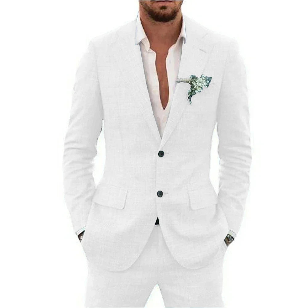 Men's Linen Suit Set - Slim Fit Notched Lapel 2 Piece Wedding & Beach Tuxedo Outfit For Summer Casual Formal Wear
