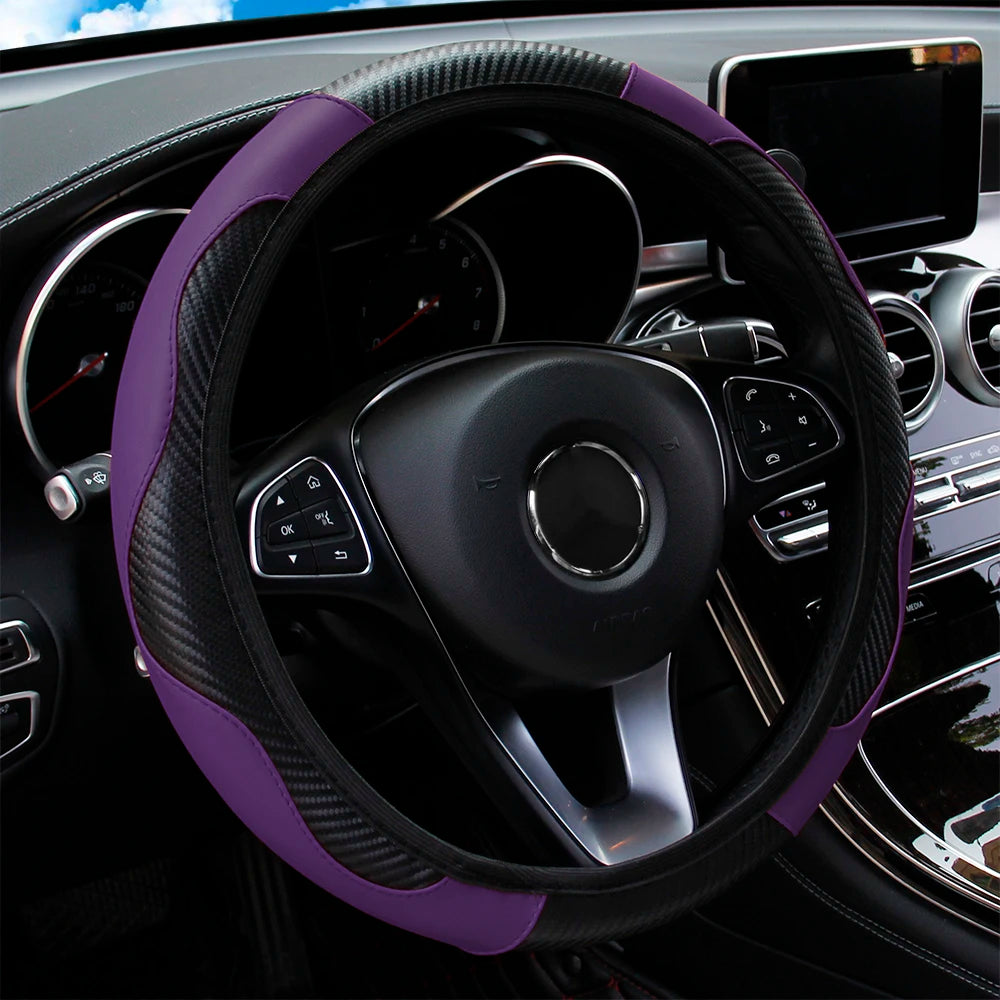 PU Carbon Fiber Leather Steering Wheel Cover — No Inner Ring, Fits 14.5-15 Inch Cars