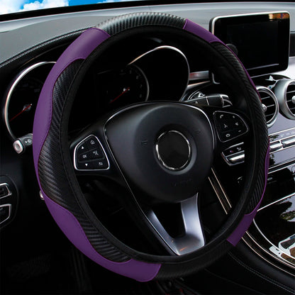 PU Carbon Fiber Leather Steering Wheel Cover — No Inner Ring, Fits 14.5-15 Inch Cars
