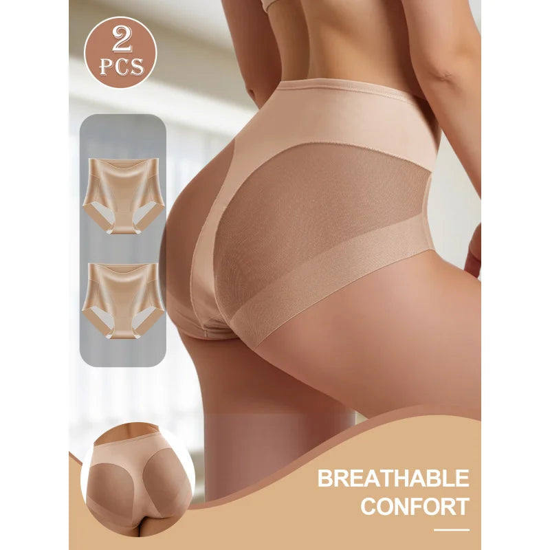 2PCS Women's High Waist Seamless Briefs – Soft Breathable Mesh Underwear in Solid & Contrast Colors
