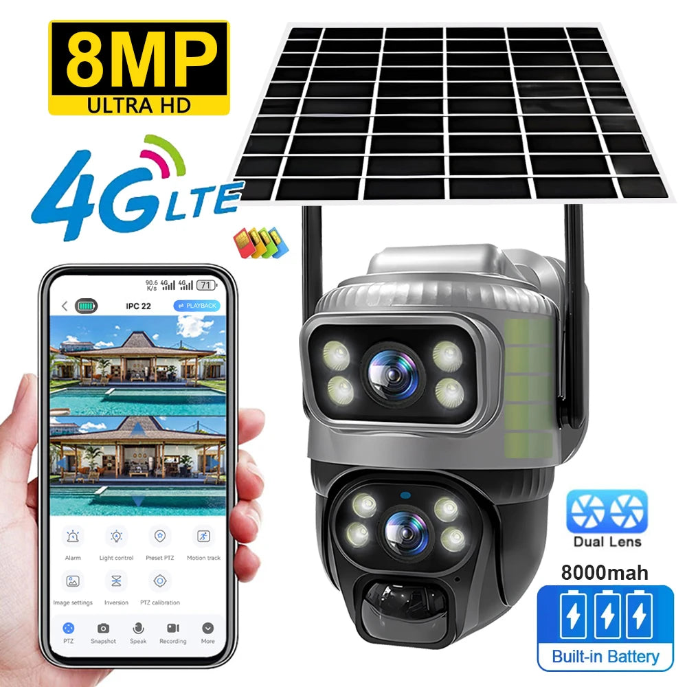 V380 Dual-Lens 4G Security Camera — 8MP 4K Solar IP Cam with PIR Motion Detection, Night Vision, Waterproof, Battery-Powered CCTV Monitor