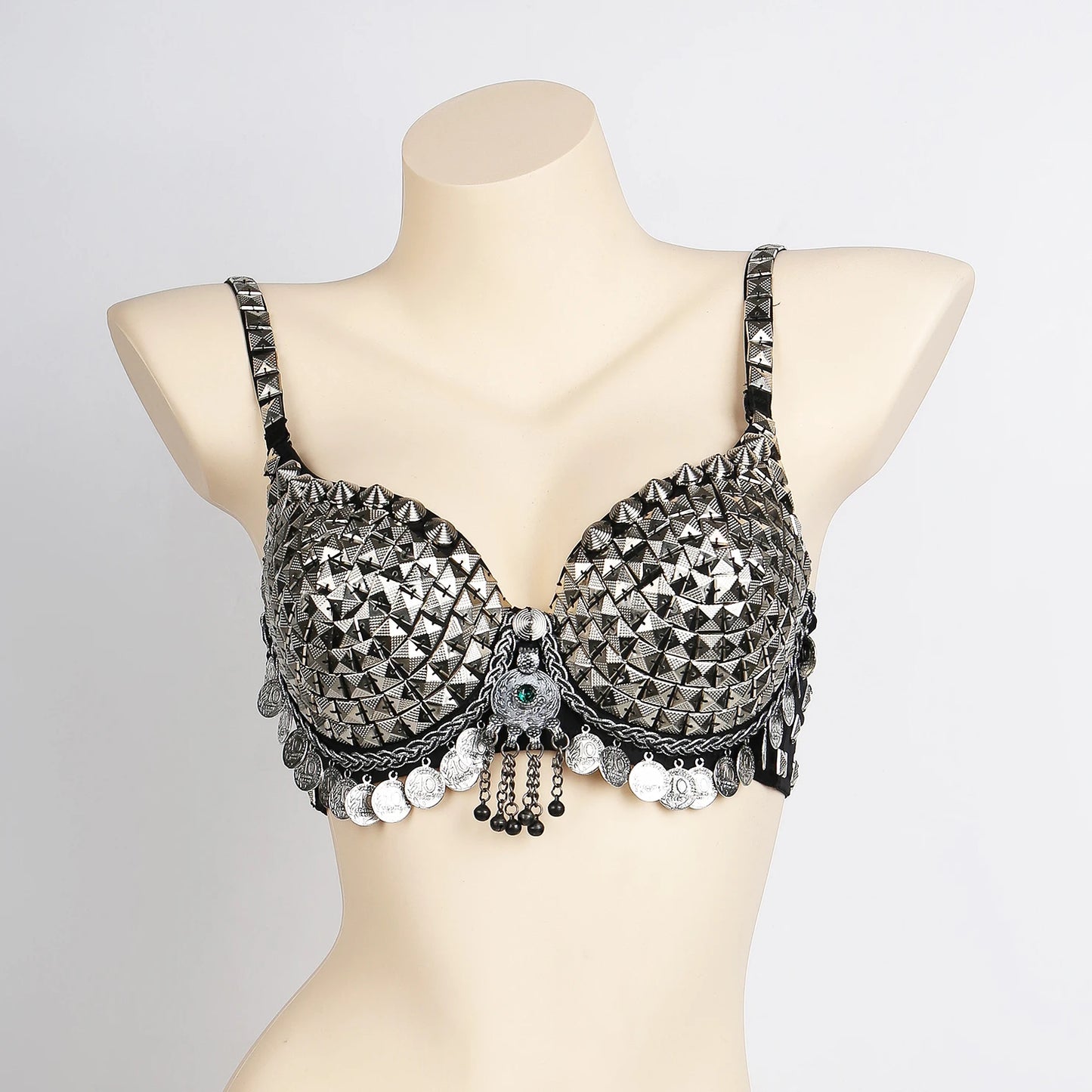 Vintage Gypsy Tribal Belly Dance Push-Up Bra – Wooden Beads Top with Turquoise Medallion