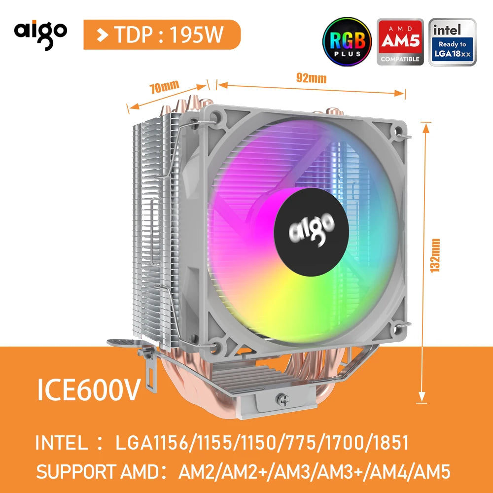 Aigo CPU Cooler with 2/4/6 Heat Pipes — Silent RGB Fan, 3-Pin PWM Radiator for Intel & AMD CPUs