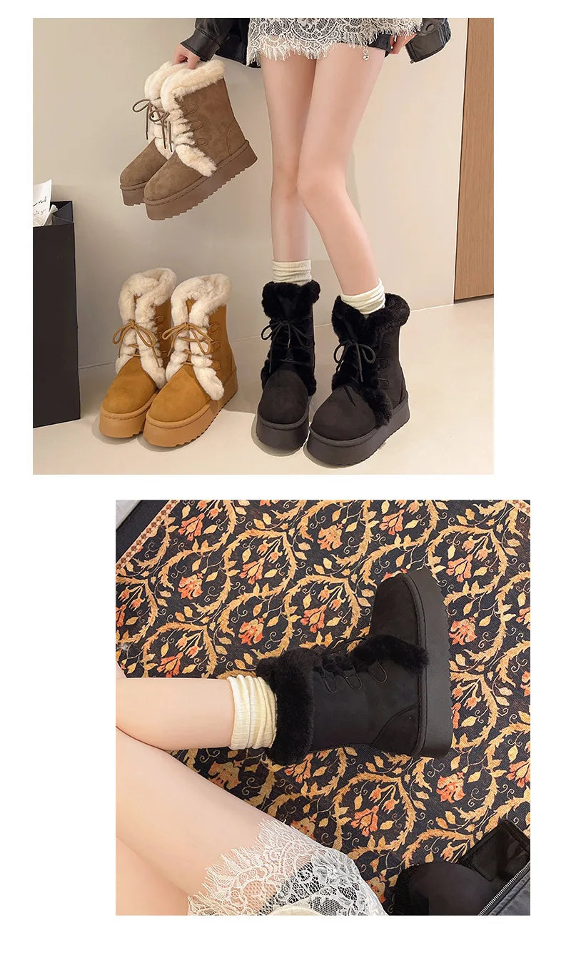 Comemore Women’s Winter Fur Snow Boots – Lace-Up Fluffy Plush Platform Ankle Boots with Thick Cotton Padding