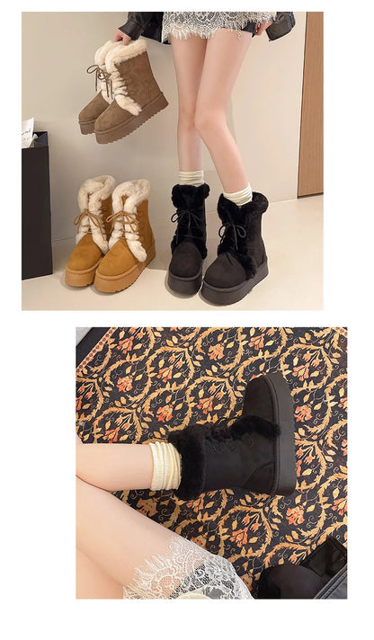 Comemore Women’s Winter Fur Snow Boots – Lace-Up Fluffy Plush Platform Ankle Boots with Thick Cotton Padding