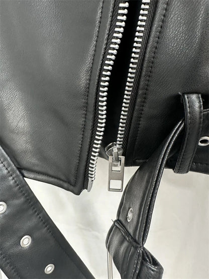 RARF 2024 Women's Washed Leather Jacket – Coal Gray Short Coat with Belt, Vintage Lapel & Zipper