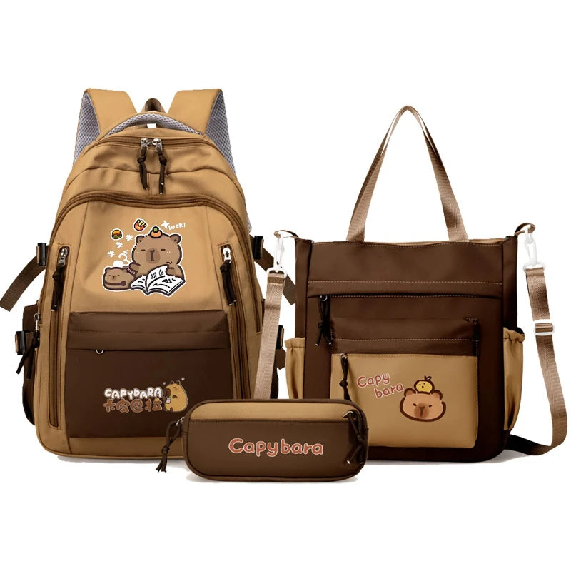 Kawaii Capybara School Backpack Set – Cute Girls Casual Daypack, Kids Bookbag & Travel School Bag Set