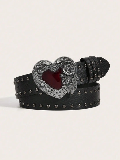 Rose Heart Leather Belt - Y2K Punk Gothic Rivet Rock Hip-Hop Fashion Accessory