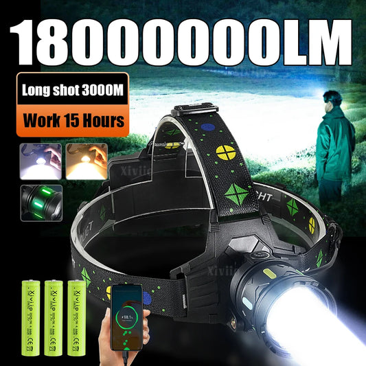 18,000,000LM Powerful Rechargeable LED Headlamp – Dual White & Yellow Light, 3KM Long Range High Brightness Headlight for Camping, Fishing & Outdoor Use