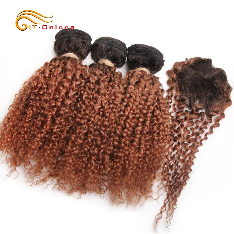 Kinky Curly Human Hair Bundles with Closure – Short Indian Hair Bundles with Circular Closure