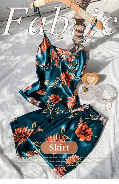 2pcs Women’s Summer Pajama Set – Printed Silk Suspenders Top & Long Pants Breathable Homewear