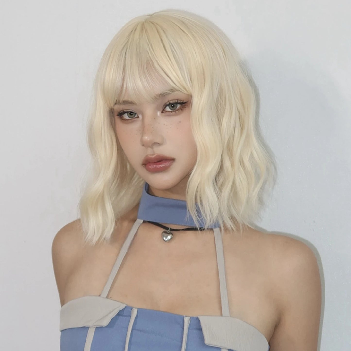 Blonde Short Curly Bob Synthetic Wig with Bangs – Platinum Golden Lolita Cosplay Wig for Women, Heat-Resistant for Daily & Party Use