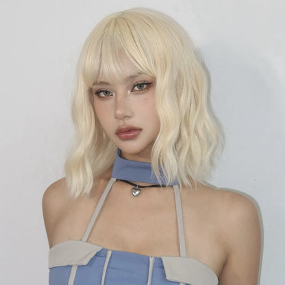 Blonde Short Curly Bob Synthetic Wig with Bangs – Platinum Golden Lolita Cosplay Wig for Women, Heat-Resistant for Daily & Party Use
