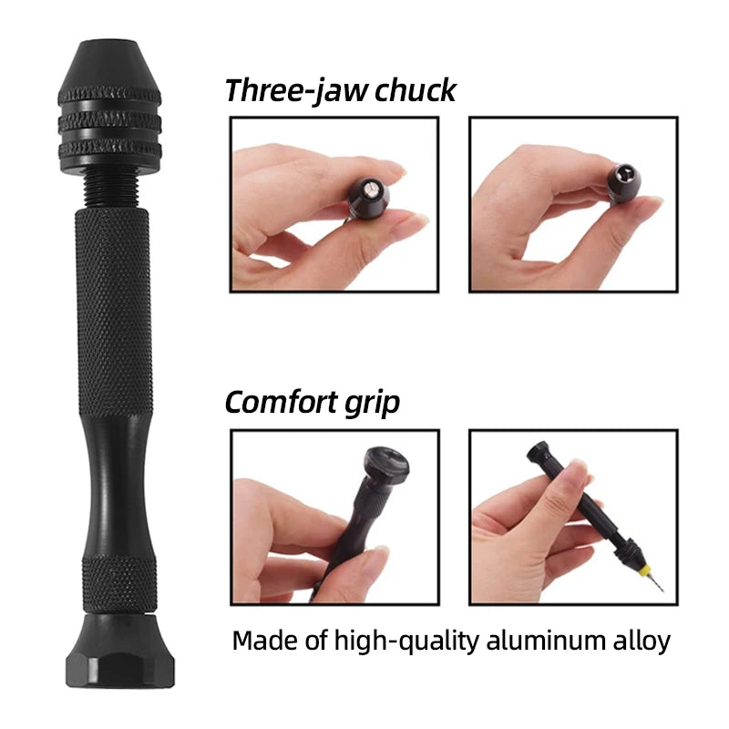 Mini Aluminum Hand Drill 0.3–3.4mm – Keyless Chuck Micro Rotary Tool with HSS Twist Drill Bit Set for Wood & DIY Crafts