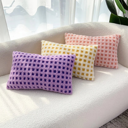 BUYNOW Plush Grid Pillowcase - Cute Decorative Sofa Cushion Cover for Living Room Home Decor