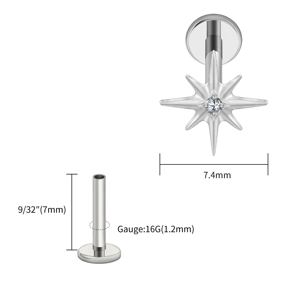 Right Grand ASTM F136 Titanium CZ North Star 16G Flat Back Earring – Tiny Starburst Helix, Cartilage & Earlobe Stud Piercing Jewelry
