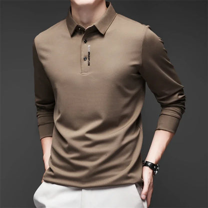Men's Business Casual Polo Shirt - Long Sleeve Solid Color Top with Badge Detail