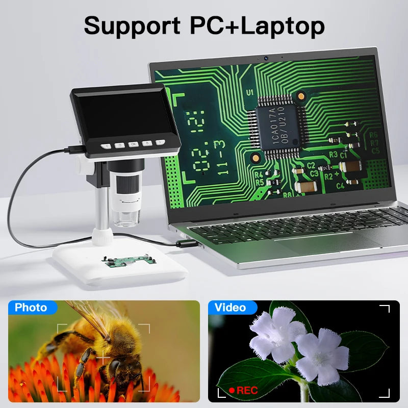 Digital Microscope 4.3” IPS Screen – 1600X Magnification 2MP USB Coin & PCB Inspection Microscope for Watch Repair & Electronics