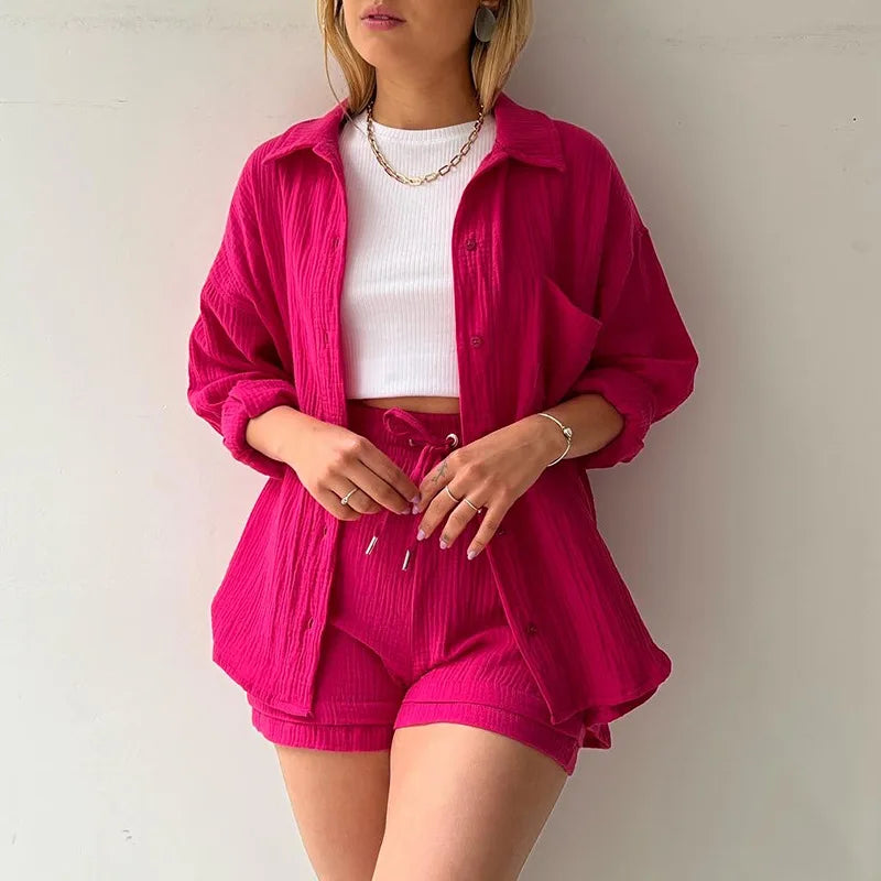 2025 Women’s Summer Two-Piece Set – Solid Color Casual Loose Short Pants & Top Outfit
