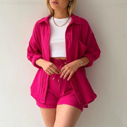 2025 Women’s Summer Two-Piece Set – Solid Color Casual Loose Short Pants & Top Outfit