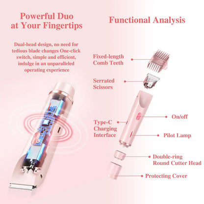 2-in-1 Dual-Head Electric Razor for Women – Painless Bikini Trimmer Wet & Dry Use with Detachable Heads