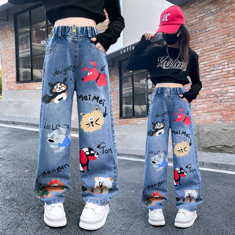 New 2024 Teenage Girls’ Blue Street Cartoon Jeans – Elastic Mid-Waist Loose Wide-Leg Denim Pants for Spring Fashion