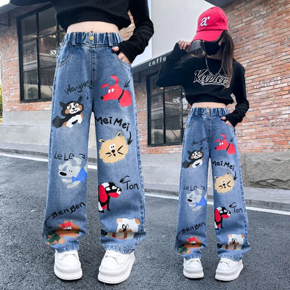 New 2024 Teenage Girls’ Blue Street Cartoon Jeans – Elastic Mid-Waist Loose Wide-Leg Denim Pants for Spring Fashion
