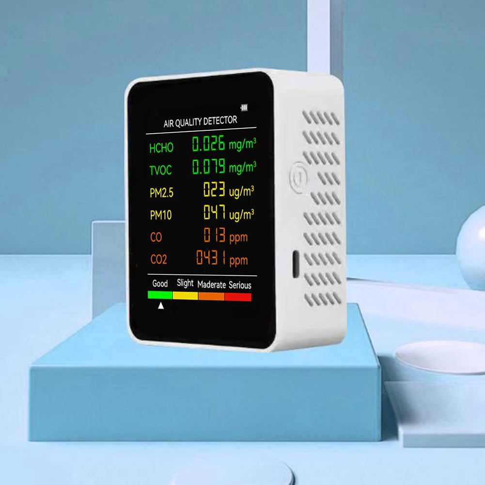 6-in-1 Air Quality Monitor - Multifunctional Indoor Air Detector with Automatic Display for Home & Office