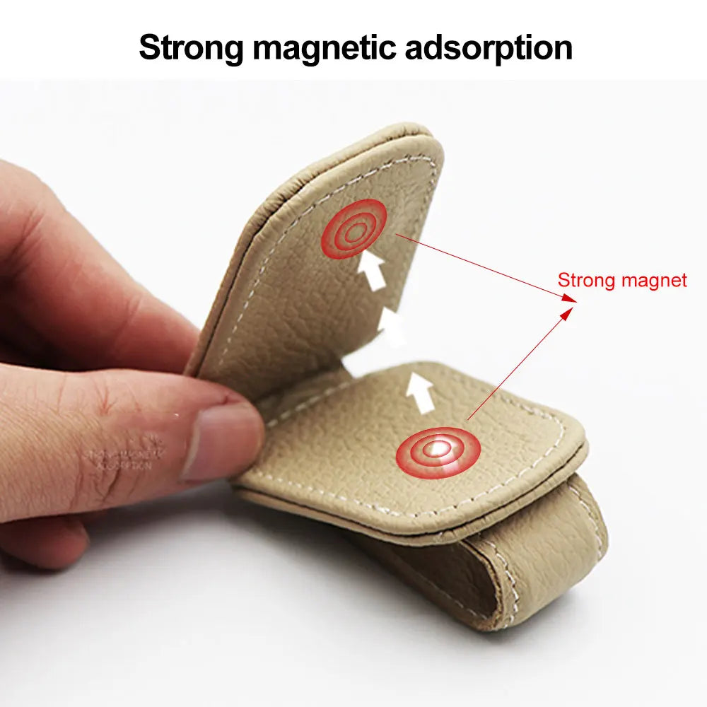 Multifunction Car Sun Visor Glasses Clip - Leather Eyeglasses Holder, Magnetic Sunglasses Hanger, Universal Interior Accessory