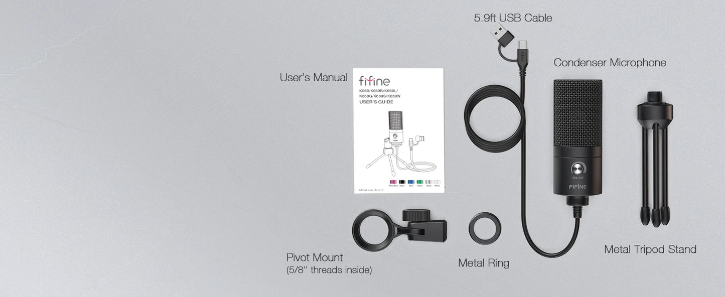 FIFINE K669 USB Condenser Microphone – Metal Recording Mic with Gain Knob for Home Studio, Podcasting & Voice-over