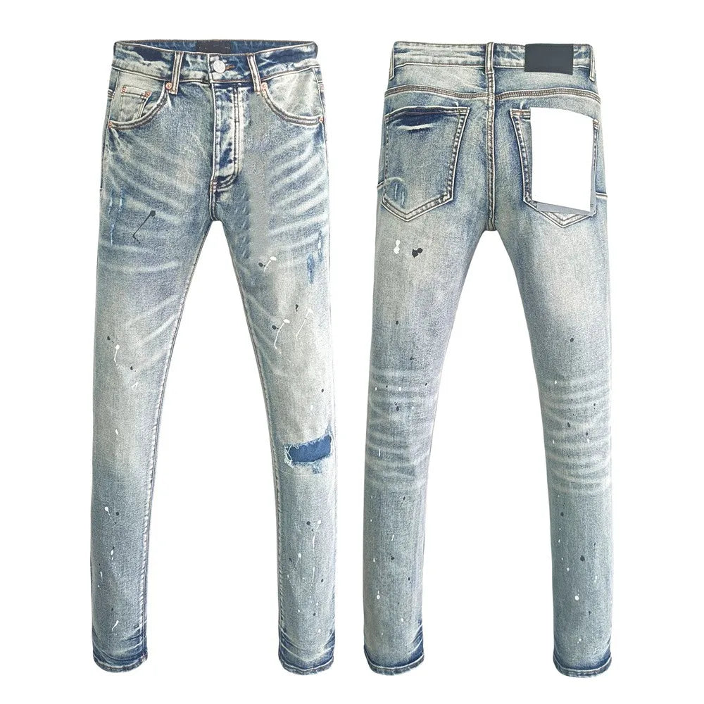 Men's Graffiti Washed Jeans - Retro Distressed Low Rise Skinny Denim Pants