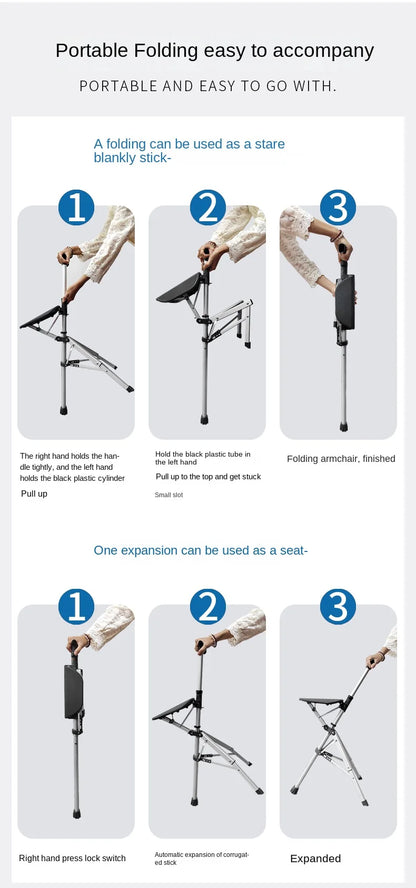 Multi-Functional Non-Slip Walking Stick with Seat – One-Key Foldable Crutch Chair, Triangular Bracing Elderly Hiking Pole Walker