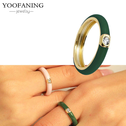 24K Gold-Plated & Silver Enamel Ring – Slim Round Women's Luxury Zircon CZ Ring in Green, Purple, Pink for Wedding & Anniversary