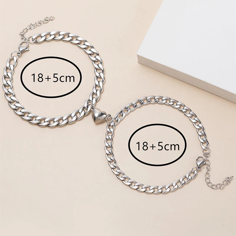 2-Piece Magnetic Couple Bracelet Set - Stainless Steel Heart Charm Cuban Chain Jewelry Gifts