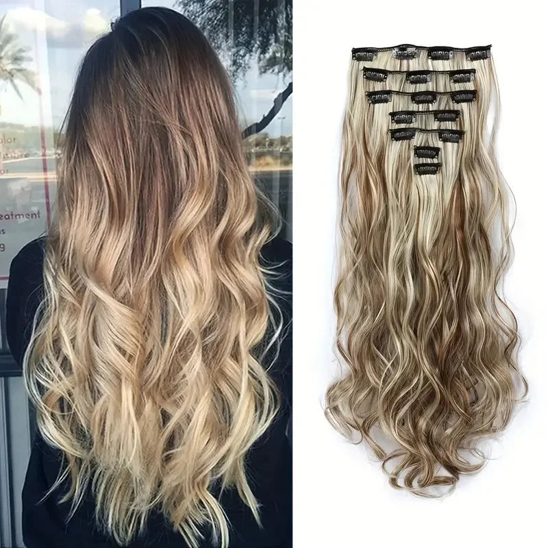 Clip-In Hair Extensions, 7-Piece Full Head 22-Inch Long Curly Wavy Synthetic Hair Extensions for Women and Girls