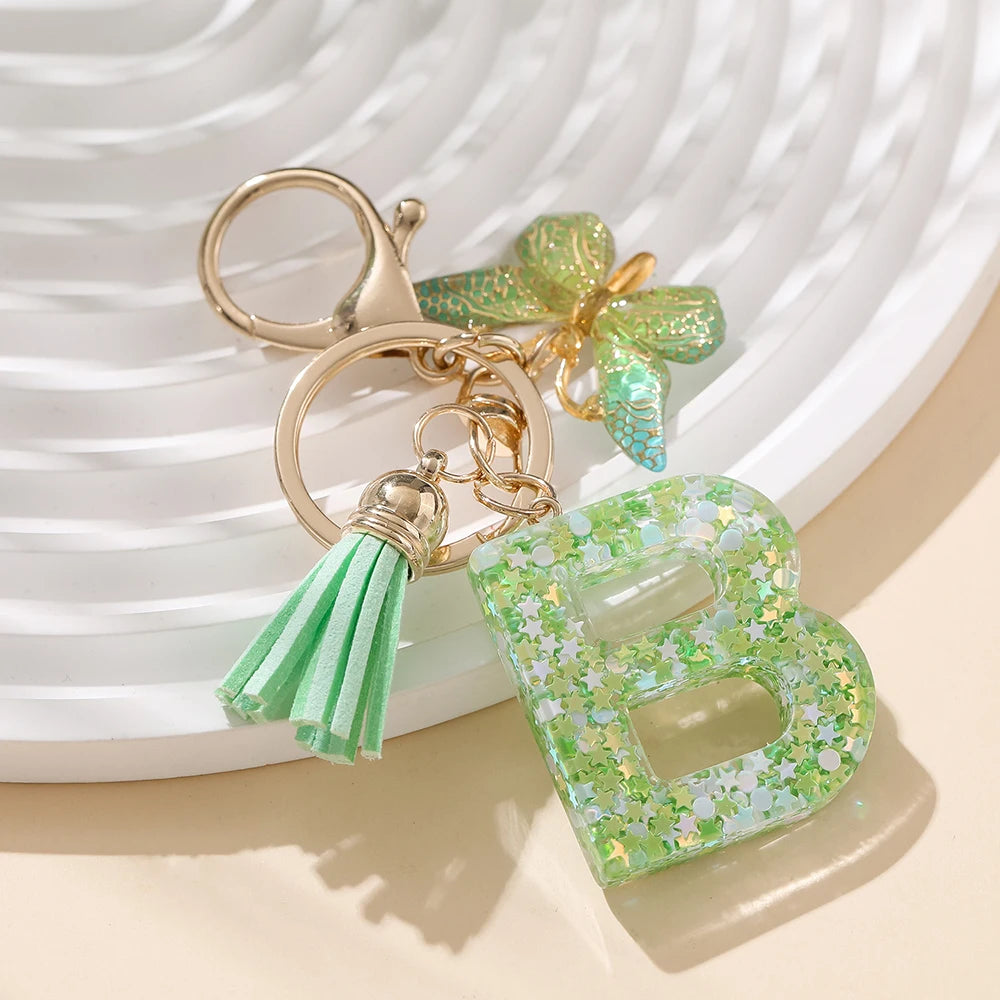 A-Z Initial Letter Resin Keychain - Green Butterfly Lobster Key Ring & DIY Charm