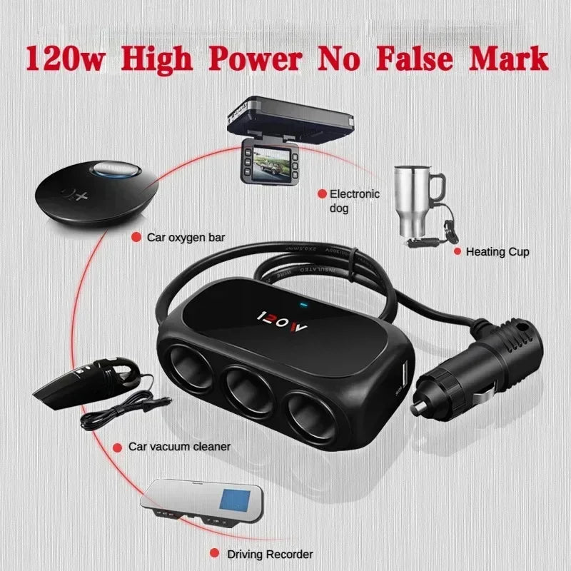 3-Socket Car Cigarette Lighter Splitter - 120W 12V/24V Dual USB Fast Charger Adapter for iPhone, GPS and Dashcam