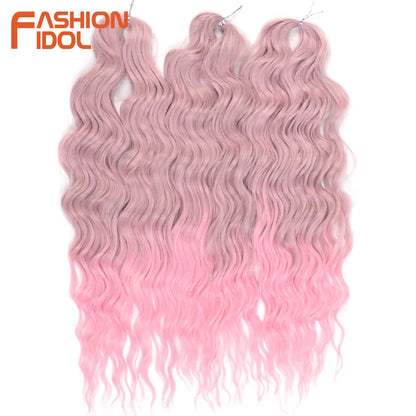 FASHION IDOL 24" Deep Wave Crochet Hair - 3-Piece Synthetic Water Wave Braiding Extensions, Ombre Rainbow Twist Hair
