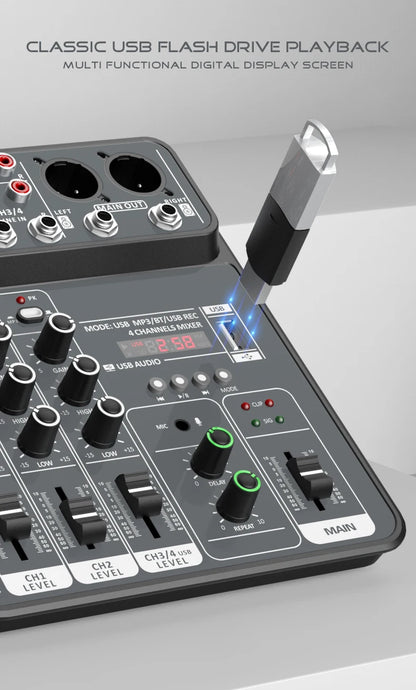 4-Channel Audio Mixer — USB Studio Mixer with 48V Phantom Power & Bluetooth for DJ & Karaoke