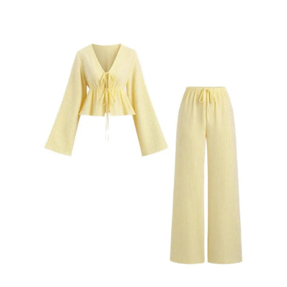 Striped Lace-Up Women’s 2-Piece Matching Set – Casual Office Commuting Outfit, Simple All-Match Two-Piece Set